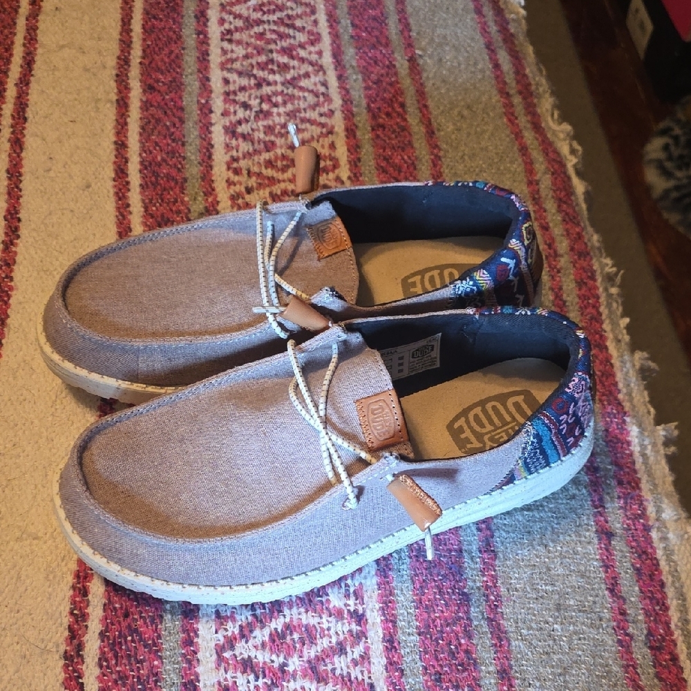 Hey Dude Light Gray Canvas Women's Casual Flats with Brown Accents - Picture 3 of 5